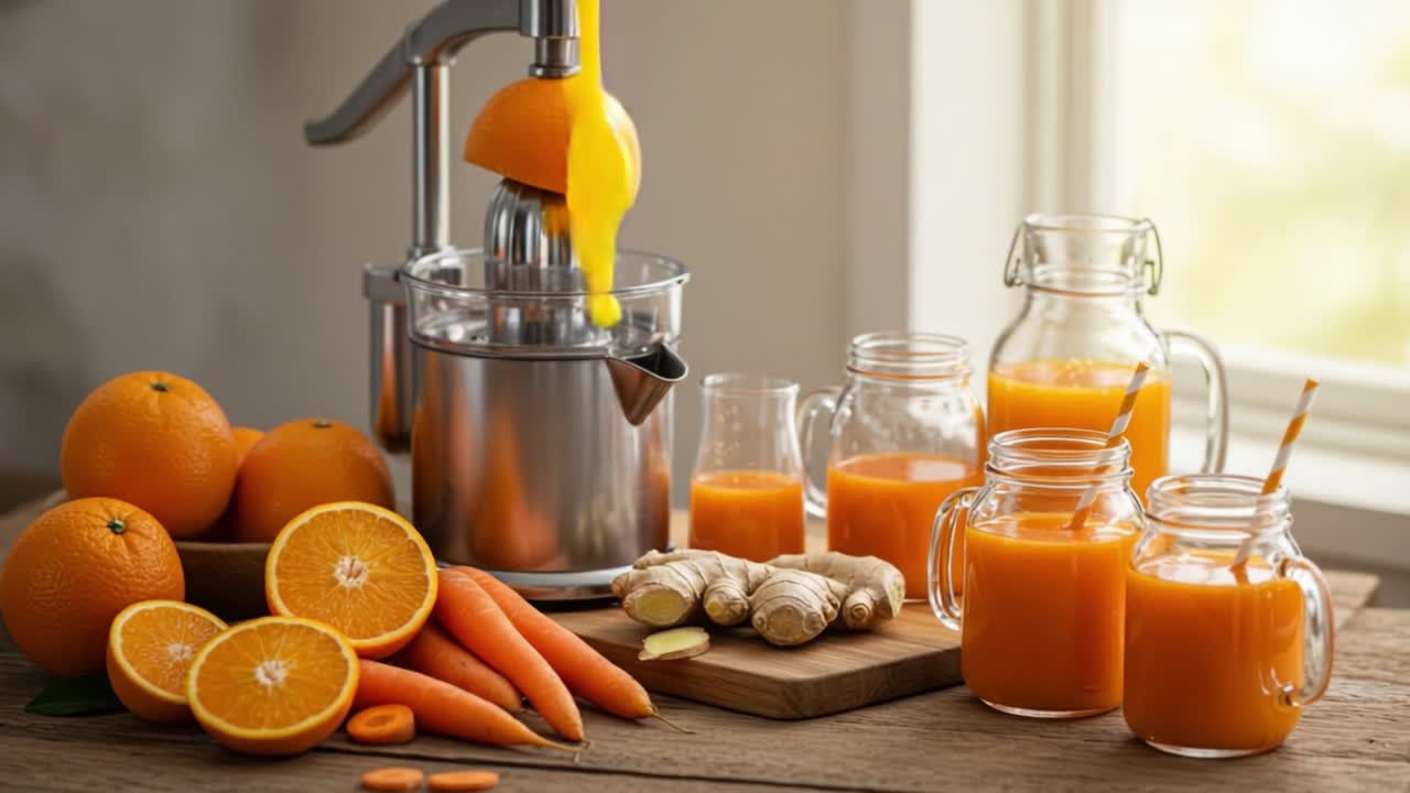 A Vibrant Display of Freshly Squeezed Orange Juice with Carrots and Ginger, Perfect for a Refreshing Drink on a Sunny Day