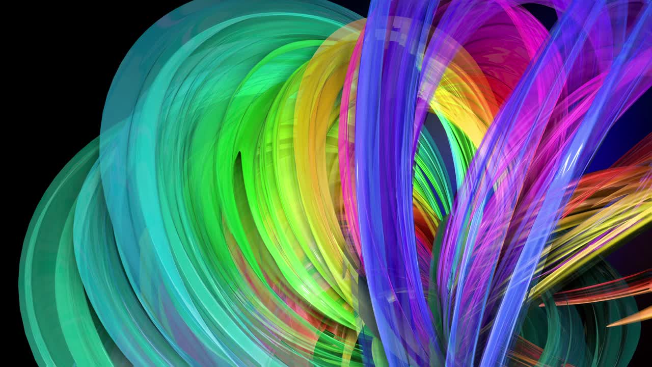 gráficos de movimiento 3d en bucle fondo increíble con cintas de arco iris de colores multicolores. líneas de colores transparentes con un brillo de neón en un fondo negro.