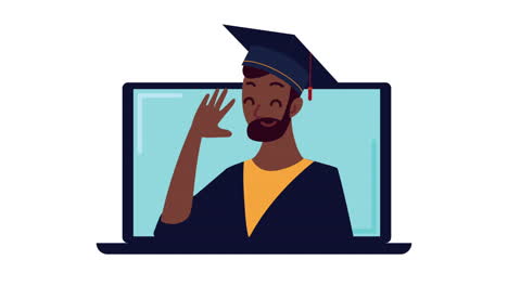 animación de graduación virtual con hombre afro en la computadora portátil