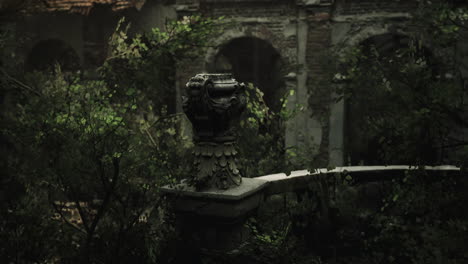 old stone fountain surrounded by overgrown foliage in abandoned garden
