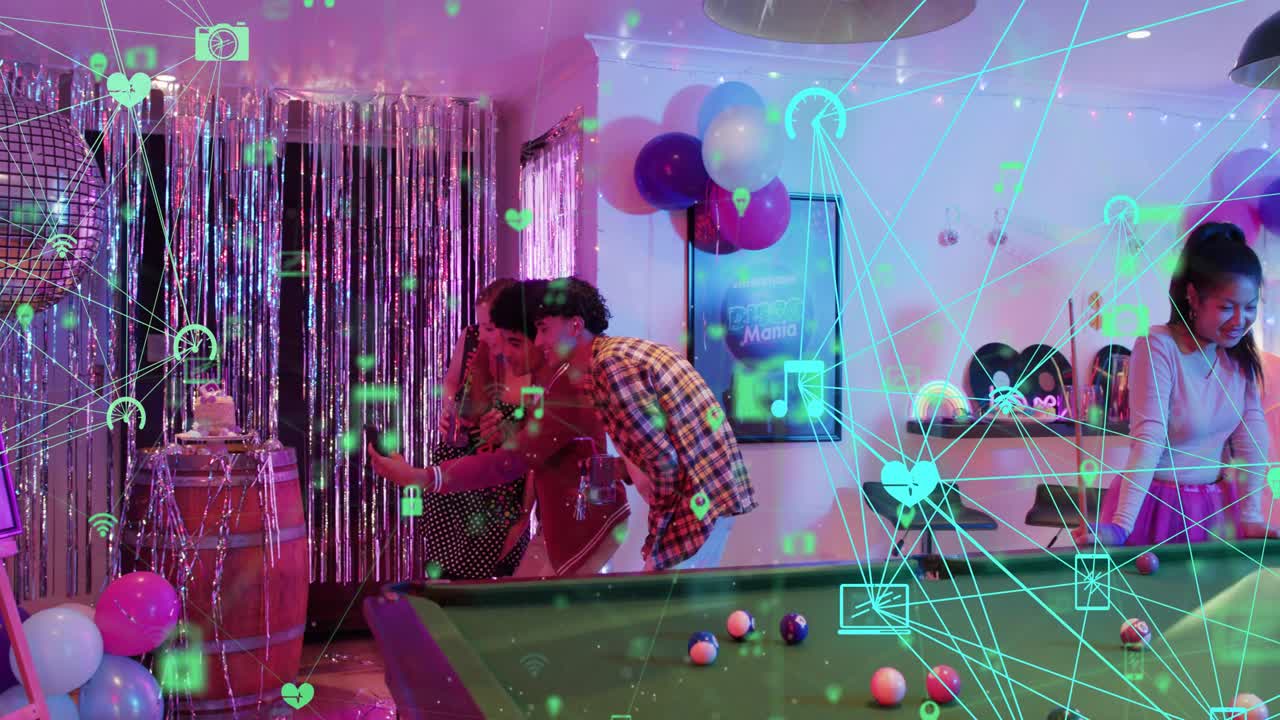 Guests tapping phones, posing at fringe curtain for selfies, teal AR icons showing cake and pool