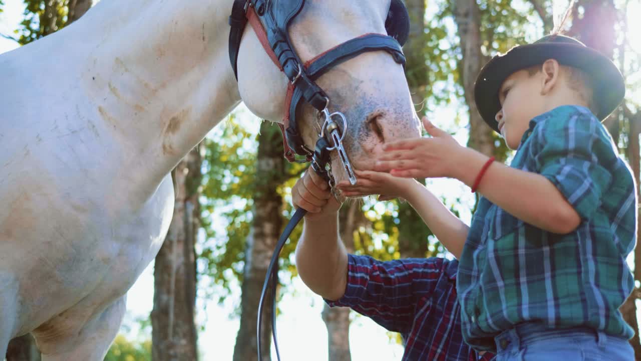 padre e hijo alimentando a un caballo. niño pequeño alimenta a su caballo mascota dándole una zanahoria. niño pequeño besa un caballo después de alimentar una zanahorea