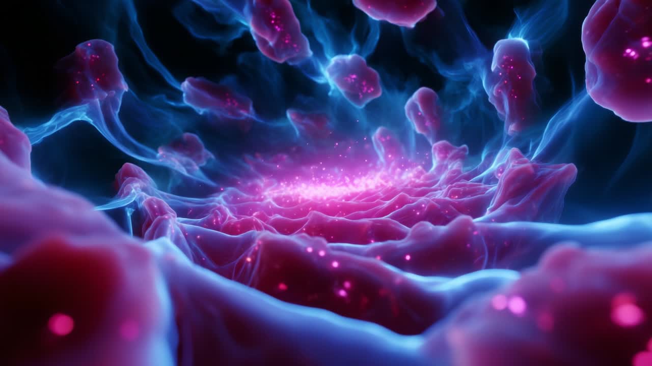 A mesmerizing journey through an abstract swirl of vibrant pink and blue particles, depicting a captivating, otherworldly tunnel filled with mysterious energy and ethereal forms that ignite the imagination