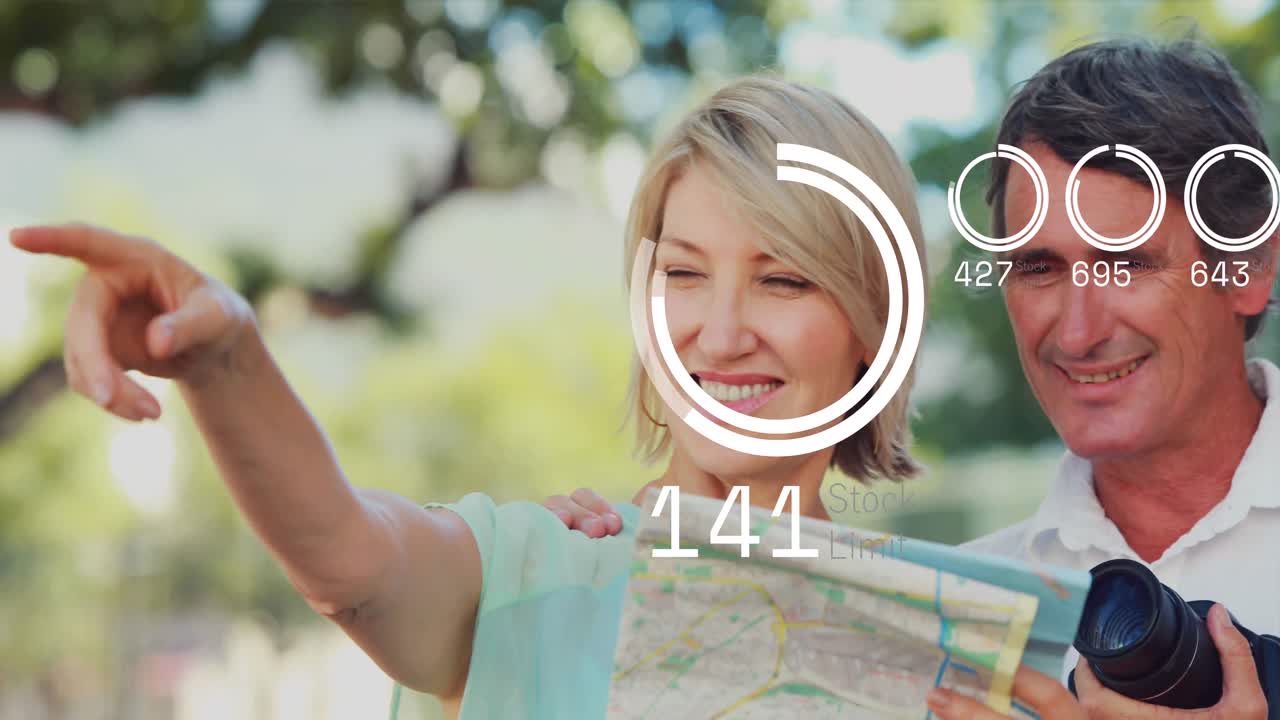 animación del procesamiento de datos del mercado de valores en una pareja caucásica usando un mapa y apuntando a una distancia.