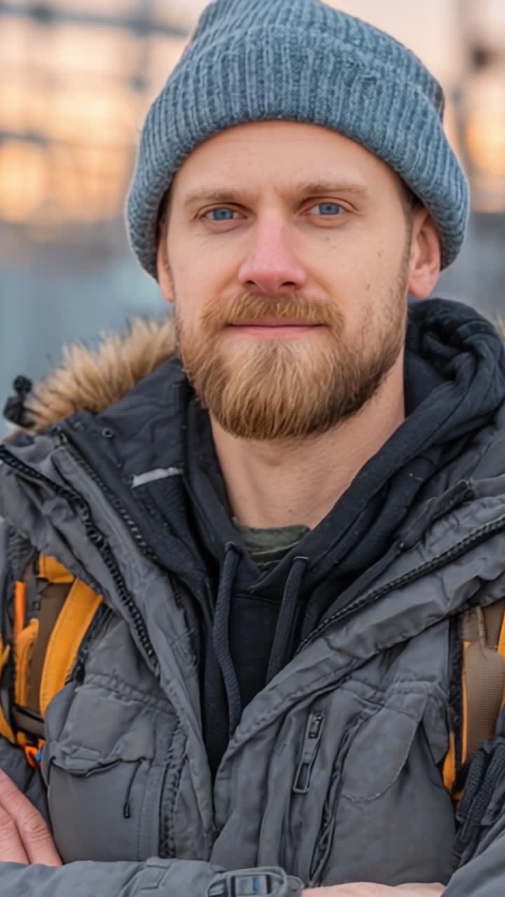 Eine männliche Figur mit Bart und warmer Mütze posiert im Freien, strahlt Selbstvertrauen und Wärme aus vor einem unscharfen Hintergrund, dessen Sonnenuntergangsfarben die Atmosphäre verstärken.