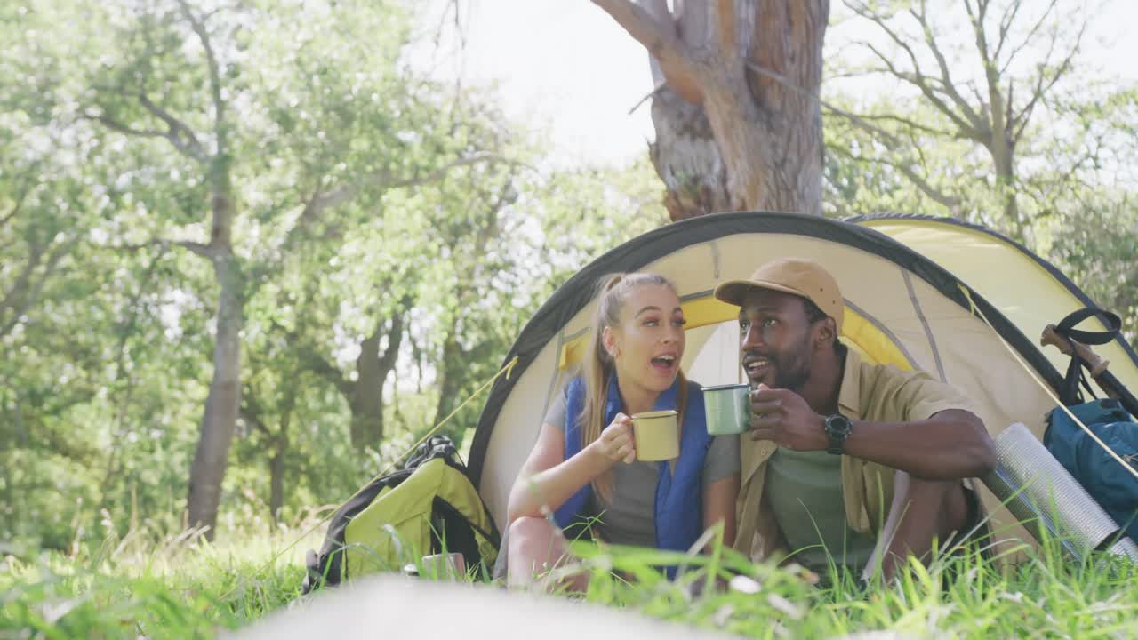 다양한 행복한 커플이 캠핑하고 공원에서 차를 마시고, 슬로우 모션