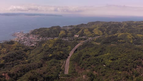 Tranquil-Scenery-Of-The-Mountain-And-Ocean-View-Of-Chiba-Peninsula-In-Japan---aerial-shot