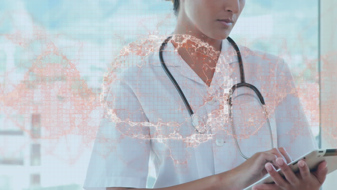 태블릿을 사용하는 여성 의사에 대한 인간의 뇌와  ⁇ 은 파동의 애니메이션