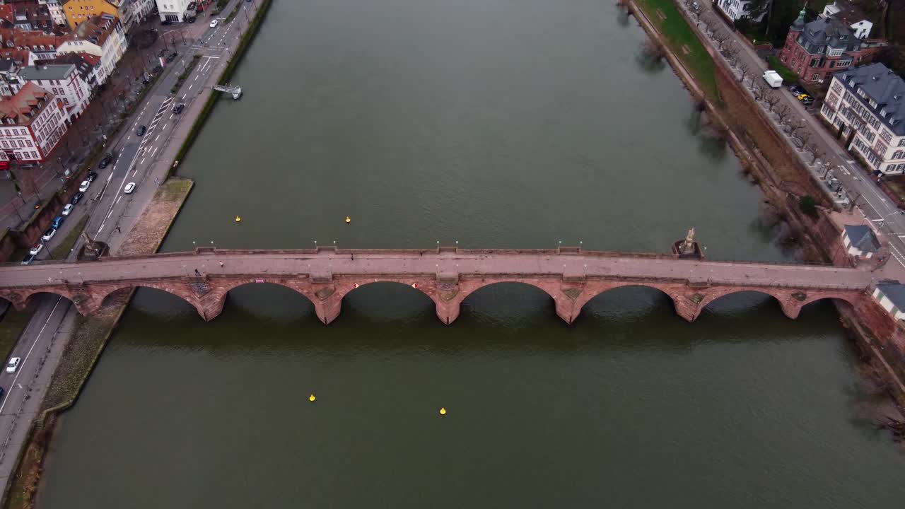 Drone overhead of Heidelberg iconic old bridge, empty of tourists during lockdown