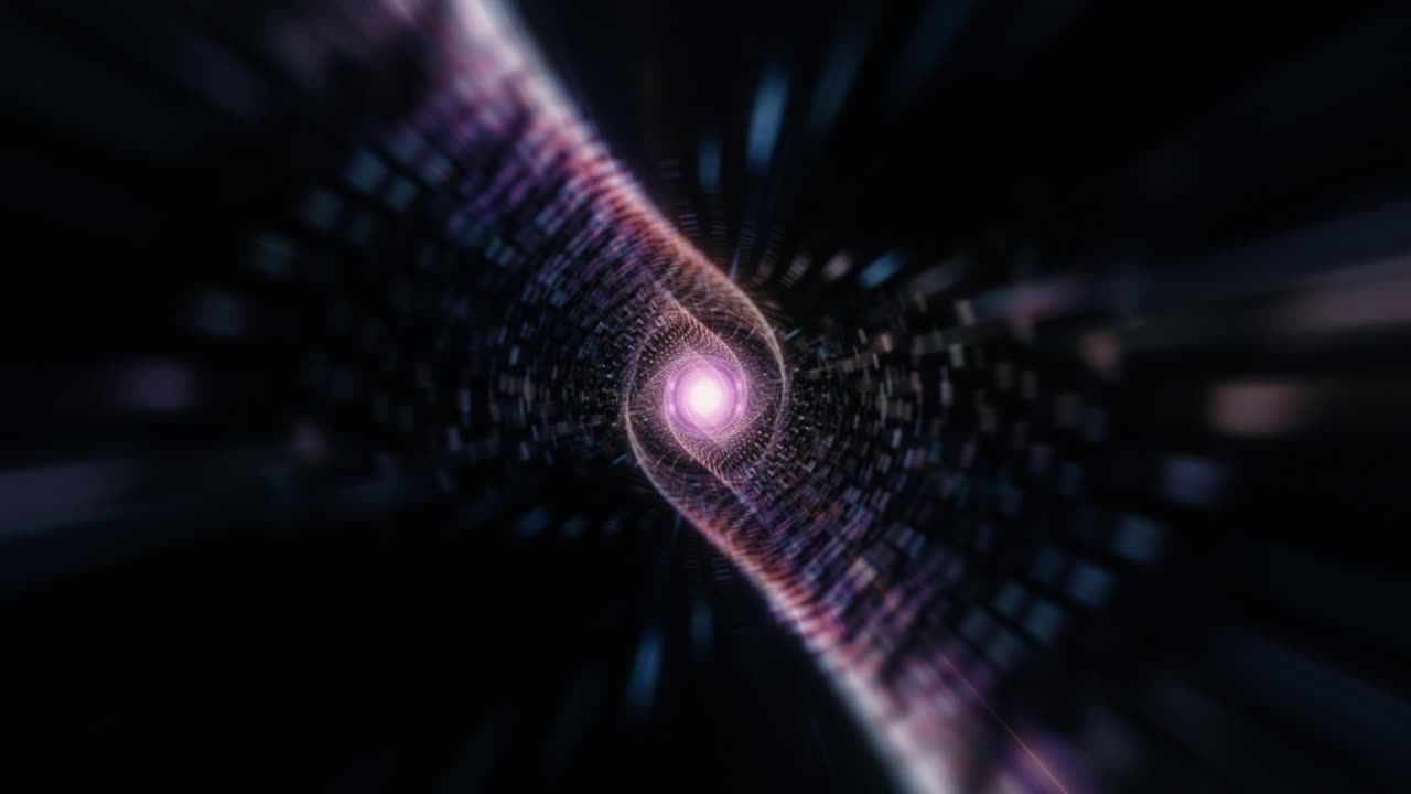 Abstract radiating glow purple light wire mesh vortex tunnel with center optical flare light flicker. 4K 3D rendering futuristic mesh tunnel vj seamless loop. Fly through sci-fi matrix shining rotate