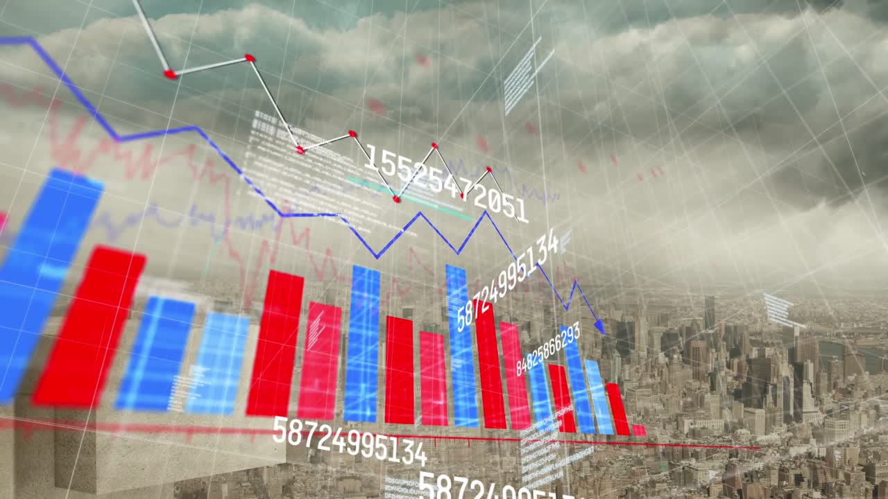 도시 풍경 위의 데이터 처리 애니메이션
