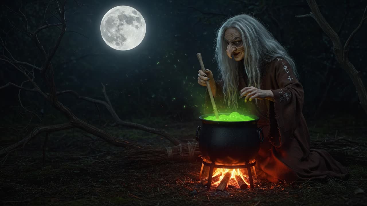 Uma Bruxa Misteriosa Prepara uma Poção Sob a Lua Cheia, Cercada por Bosques Sombrios, Enquanto Seu Caldeirão Brilha com uma Luz Verde Enigmática
