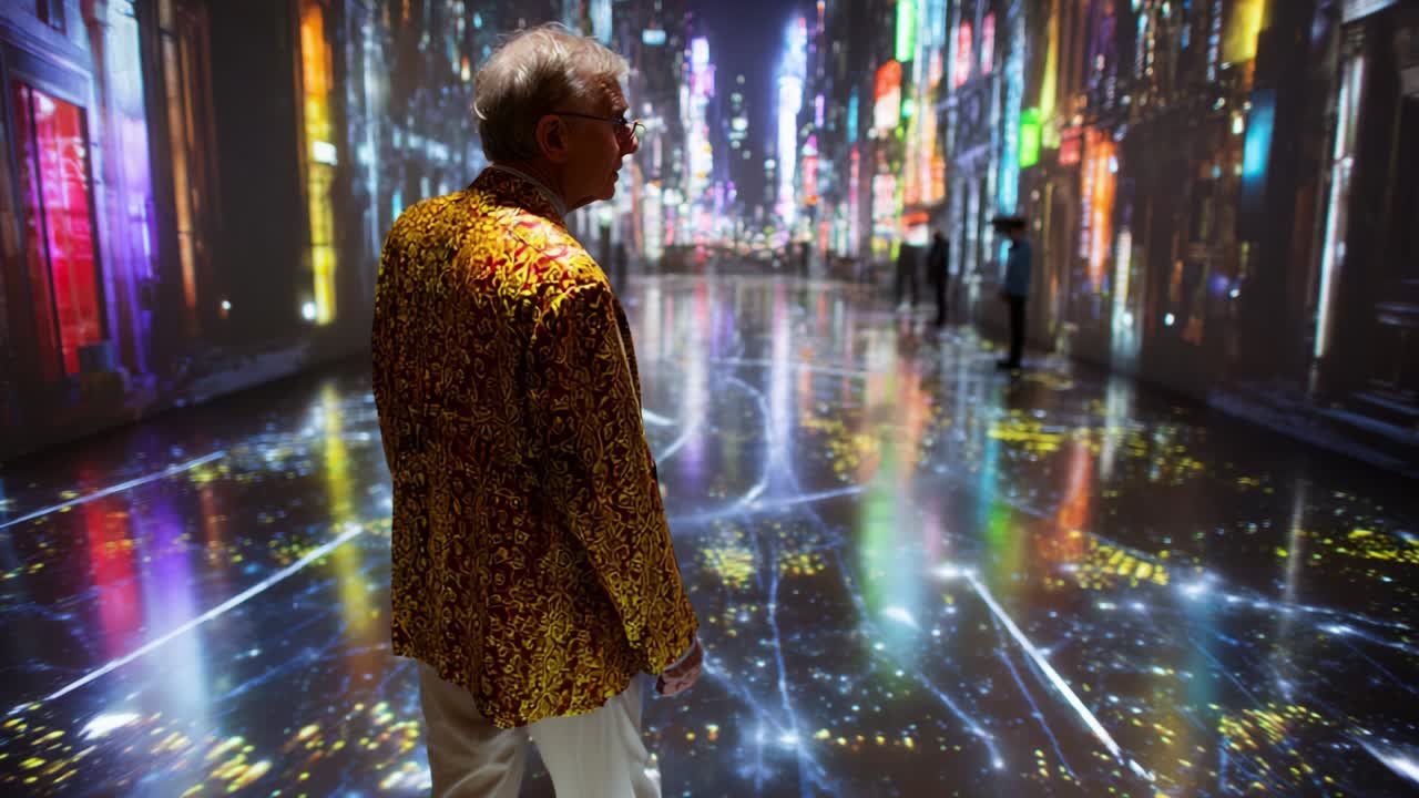 A Man in a Vibrant Golden Jacket Stands Captivated by a Dazzling Digital Cityscape Display, Illuminated by Vibrant Lights and Dynamic Color Patterns Reflecting Off a Glossy Floor Surface