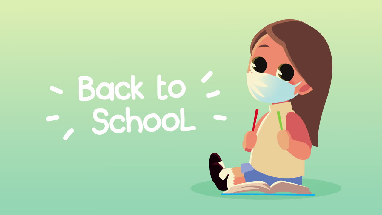 의료 마스크 와 글자 를 착용 한 어린 학생 소녀