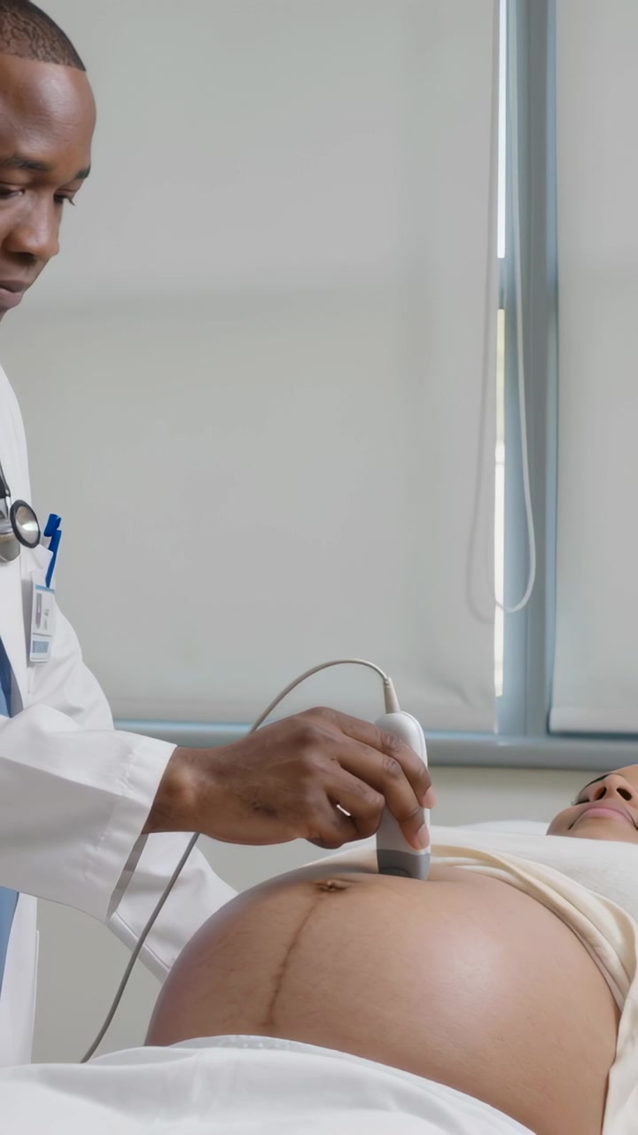 Video verticale: Sonda medica che scorre sull'addome di una donna incinta in clinica per un controllo del bambino, con medico in camice.