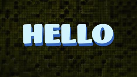 Animation-of-hello-text-over-colorful-squares-on-black-background