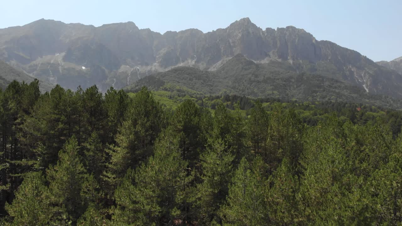 video de drones volando sobre árboles revelando el monte tymphe tymfi grecia día soleado de verano