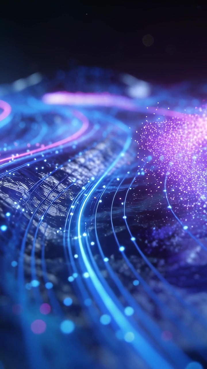 Video verticale: Grappolo magenta che esplode rilasciando scintille sopra binari neon curvi nel vuoto, pulsante.