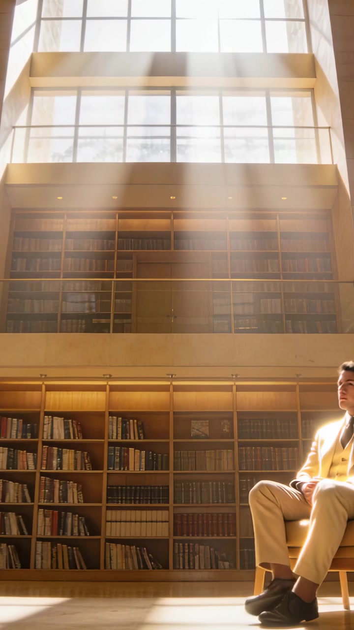 Video verticale: Uomo seduto che segue i raggi di luce mentre gira la testa in una biblioteca, sedia, abito color cammello, spazio per il testo.