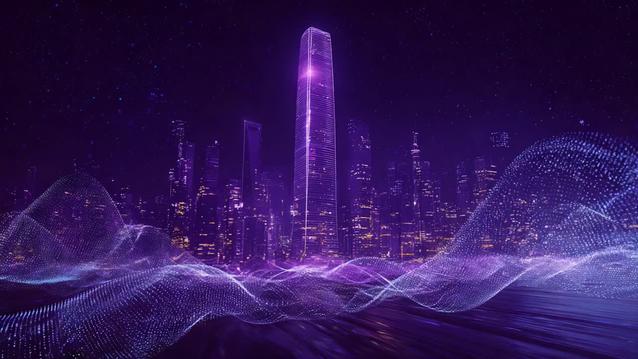 Glowing purple futuristic city skyline at night with a central skyscraper, surrounded by flowing digital waves of particles representing big data, technology, and the metaverse concept