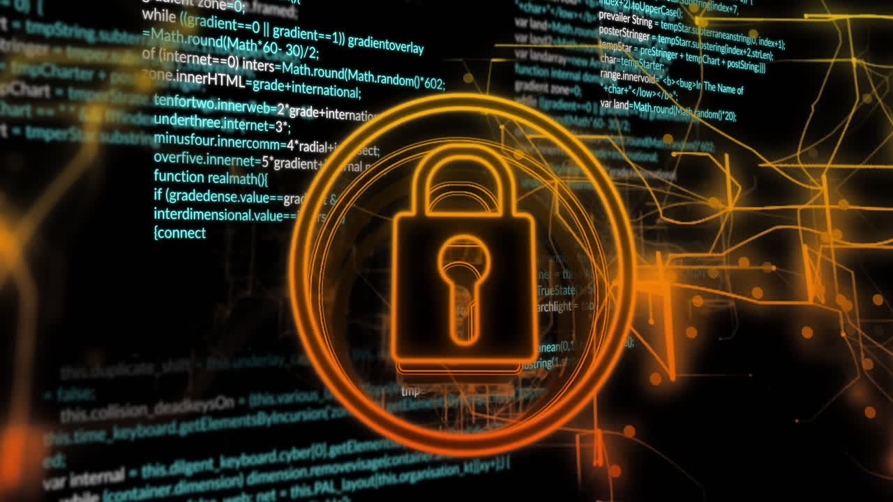 animación del procesamiento de datos y el icono del candado sobre un fondo oscuro