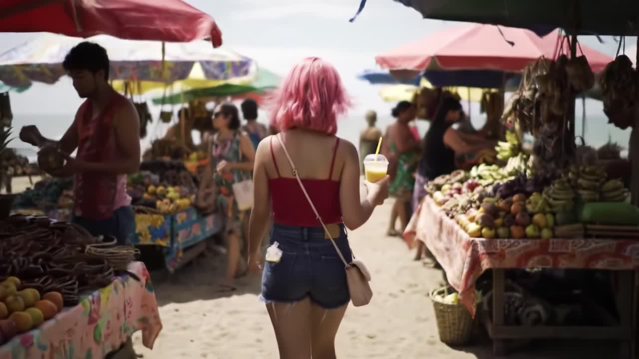 Exploring a Vibrant Market by the Beach: A Colorful Scene Filled with Fresh Produce, Fun People, and Lively Atmosphere Captured in Moments of Joy and Discovery