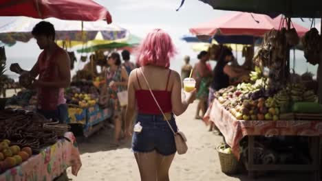 exploring a vibrant market by the beach: a colorful scene filled with fresh produce, fun people, and lively atmosphere captured in moments of joy and discovery