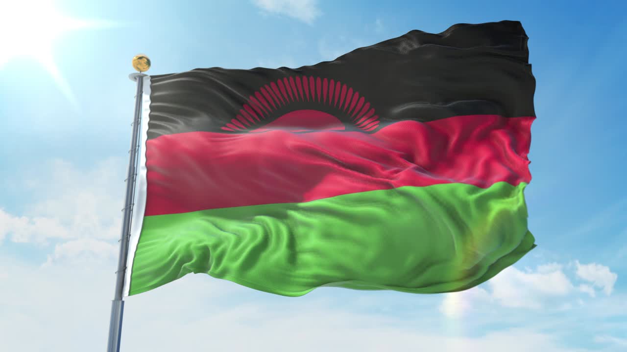 깊은 파란 하늘을 배경으로 바람에 흔들리는 말라위 발, 국가 테마, 국제 개념, 3d 렌더링, 시엄리스 루프