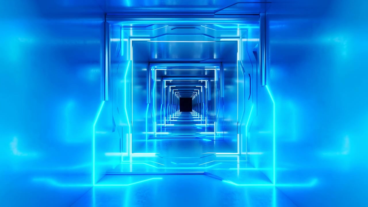 Empty blue futuristic corridor with repeating glowing arches, glossy metallic surfaces, centered vanishing point, sleek symmetry, cool neon atmosphere, immersive depth and polished high-tech look