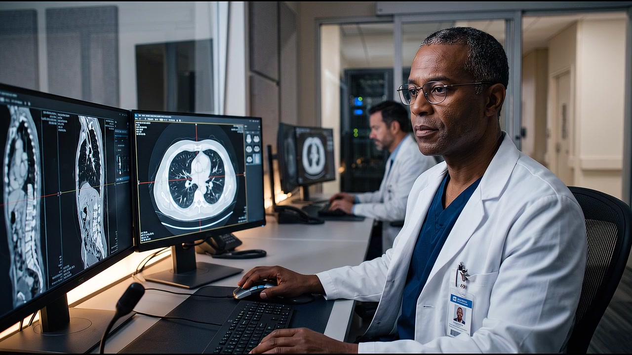 Radiologist reviewing detailed brain scans on multiple diagnostic imaging monitors inside a bright modern healthcare environment