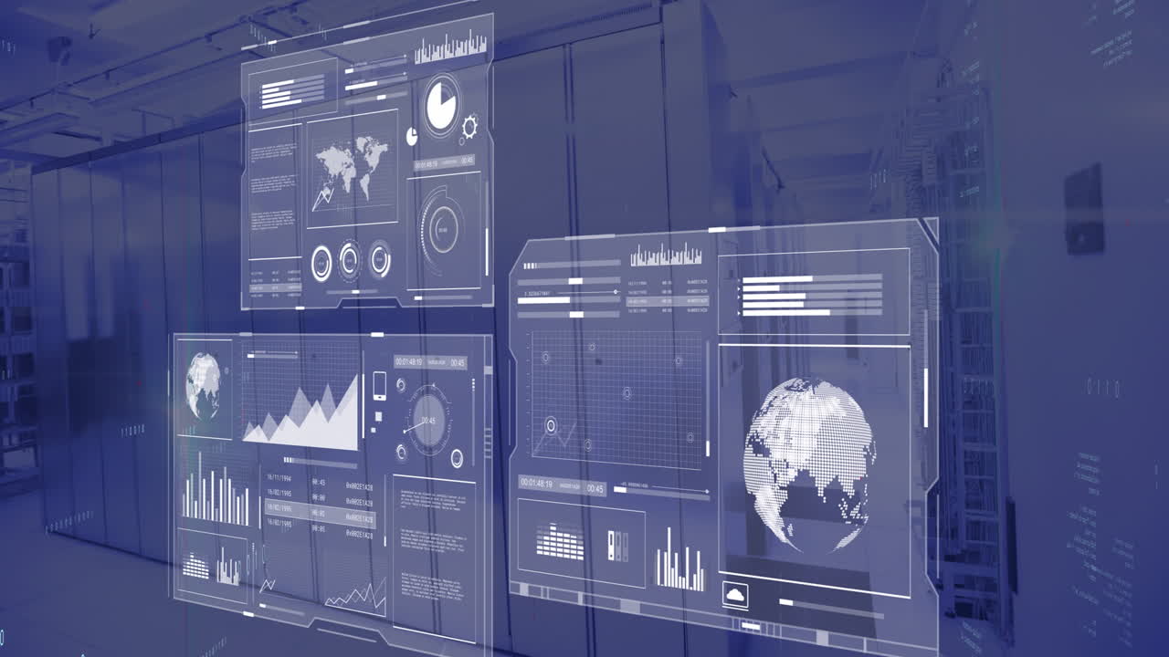 Animation of global statistics and digital data analytics in server room background