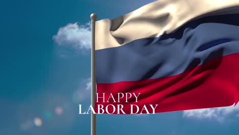 animation of happy labor day text over flag of russia and clouds