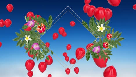 Animation-of-floral-banner-with-copy-space-over-balloons-floating-against-blue-gradient-background