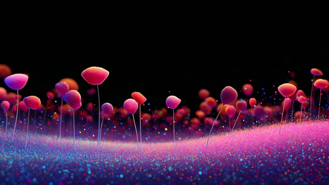 A Mesmerizing Display of Bioluminescent Flora in a Surreal Digital Landscape, Featuring Vibrant Pink Mushrooms Amidst a Glittering, Dark Background