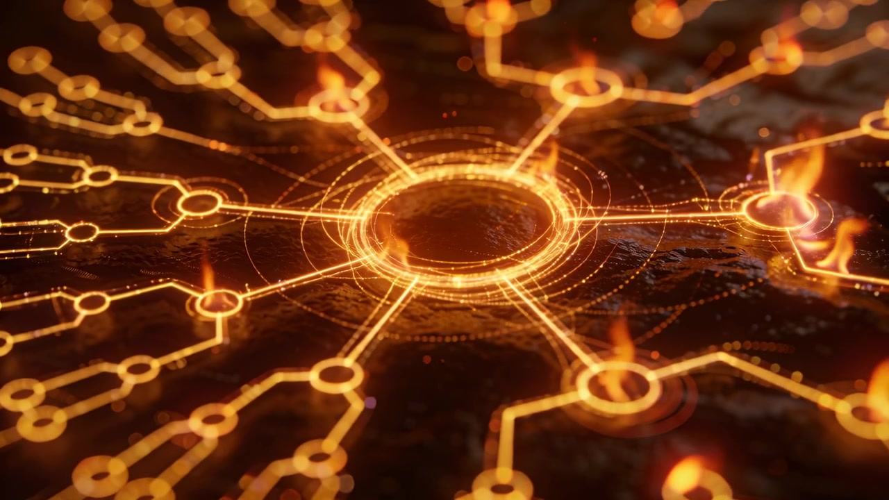 Pulsing hub tracing sparks across traces on shiny base, camera arcing closer, revealing energy