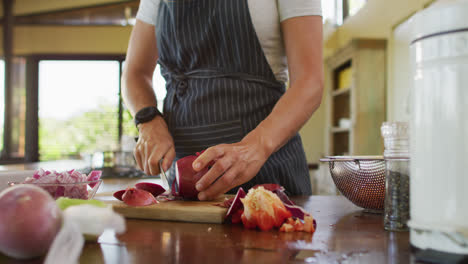 Midsection-of-caucasian-pregnant-woman-wearing-apron-and-cutting-onion