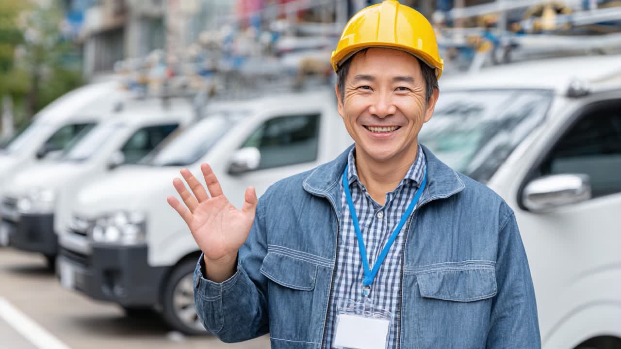 Cheerful construction worker in a yellow hard hat waves happily in front of maintenance vehicles, showcasing a friendly demeanor and commitment to safety and teamwork
