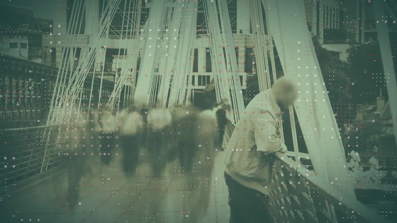 Walking on bridge, people with digital data animation overlay in city scene