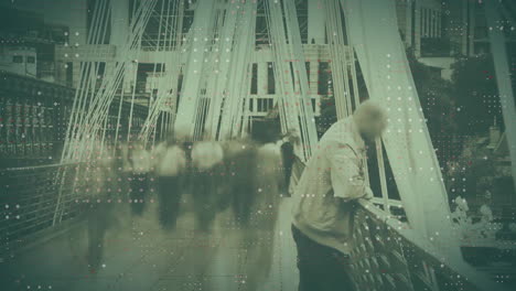 walking on bridge, people with digital data animation overlay in city scene