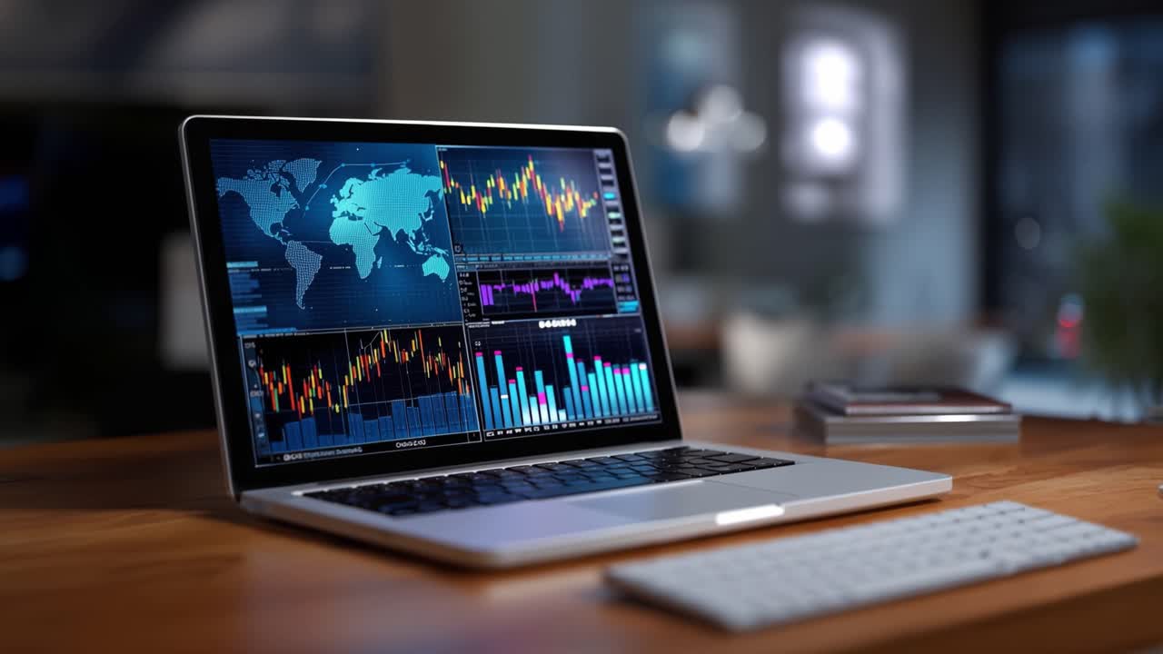 Laptop ad alta tecnologia che mostra complessi grafici finanziari e mappe mondiali, a simboleggiare l'analisi dei dati, l'integrazione tecnologica e le moderne strategie aziendali nell'era digitale.