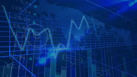 digital animation of financial and stock market data processing over world map on blue background
