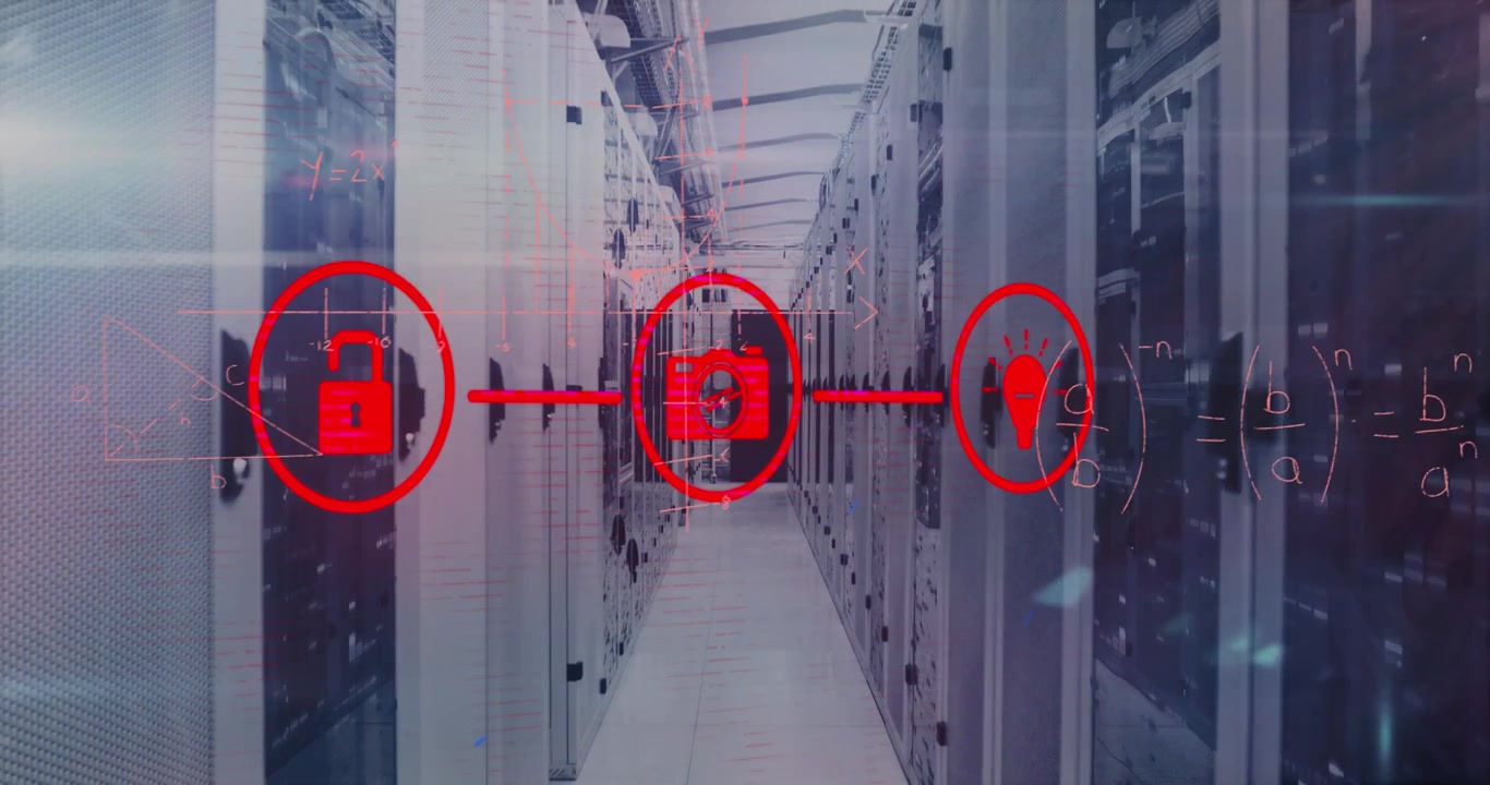 Animation of three red media icons, processing data and maths calculations over computer server room