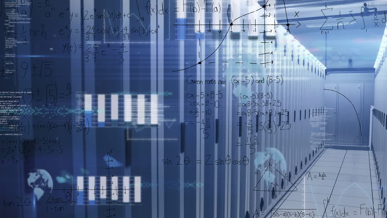 Animation of mathematical equations and data processing against empty computer server room