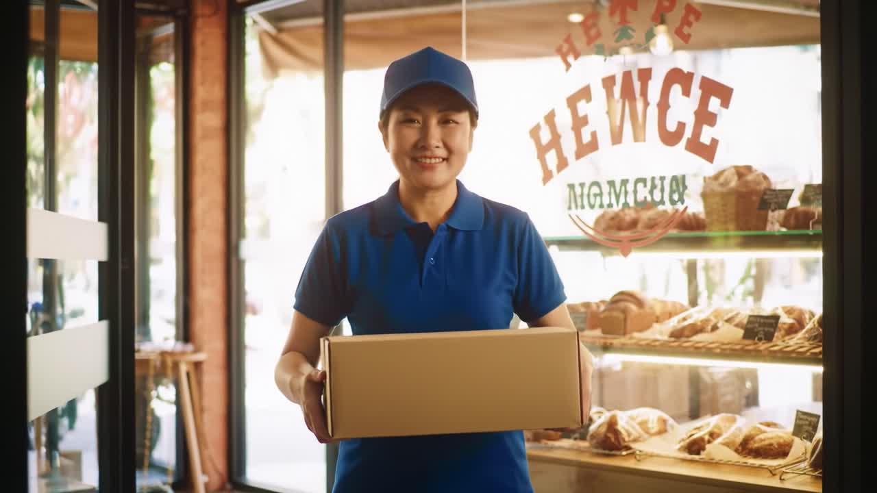 A cheerful delivery person wearing a blue uniform smiles while holding a large box filled with fresh pastries outside a cozy local cafe. The inviting display showcases various baked treats.