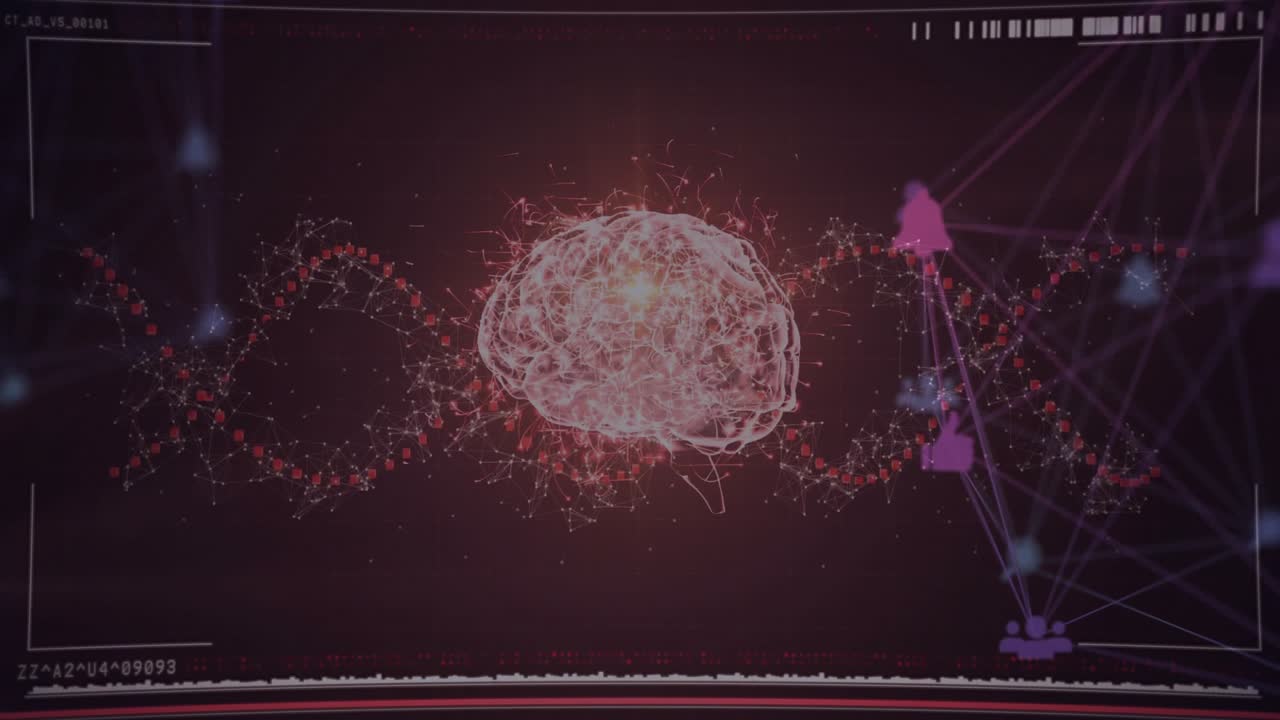 Hand tapping UI center causing orb forming brain while helix pulsing and nodes linking for analysis