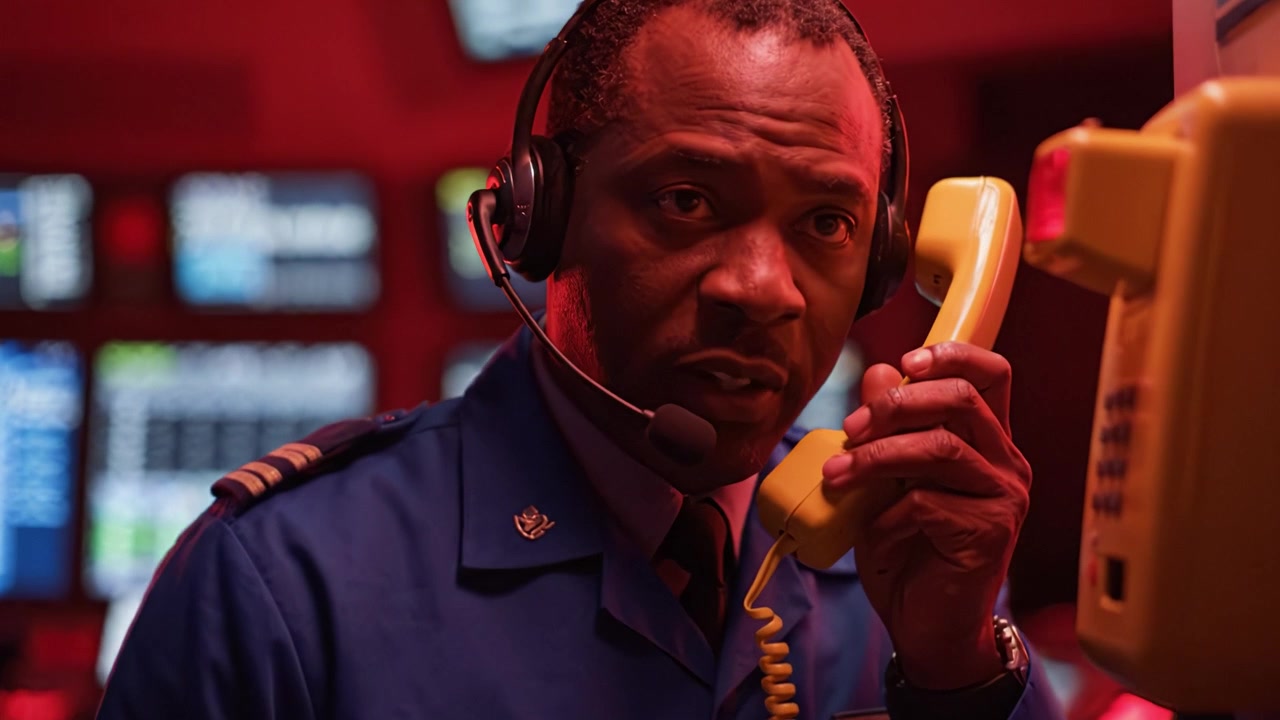 A focused operator communicates urgently through a yellow phone in a control room illuminated by red lighting, surrounded by glowing screens and technology.