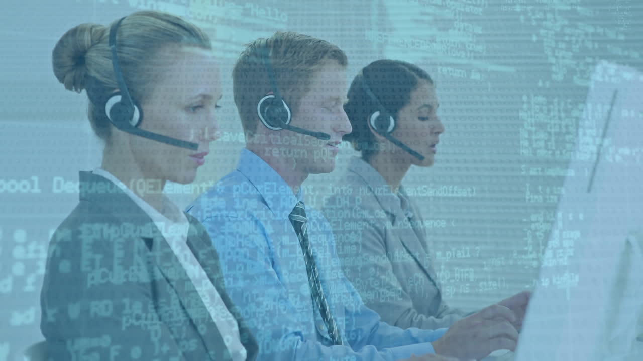 Animation of financial data processing over diverse business people using headsets and computers