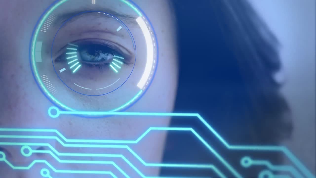 Animation of scope scanning and computer circuit board elements over woman's eye
