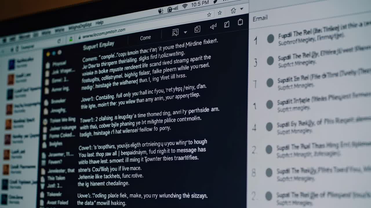 Close-up, blurred angle of a computer screen displaying a list of emails, evoking a sense of digital