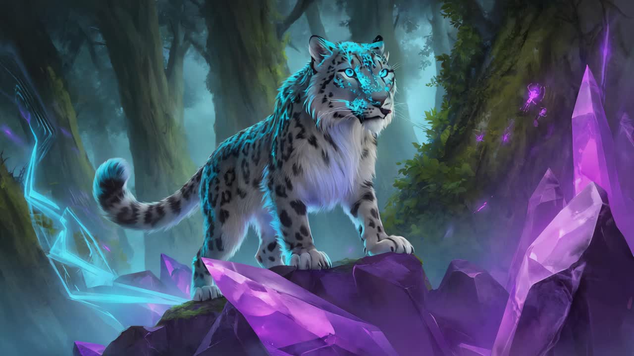Fantasy Snow Leopard with Glowing Crystals